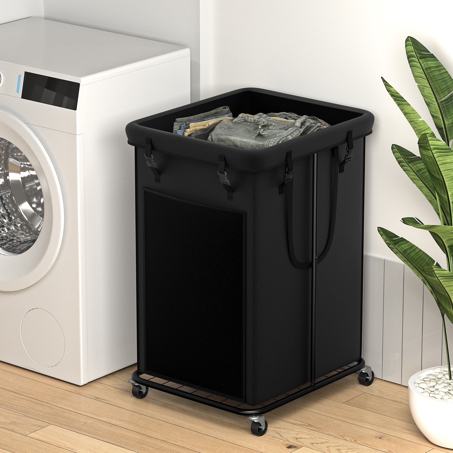 YKDIRECT 150L Large Laundry Hampers, Oxford Fabric Laundry Basket, Metal Frame and Removable Bag Design with Wheels, Suitable for Bedroom, Bathroom, Dorm Room, Laundry Room -Black